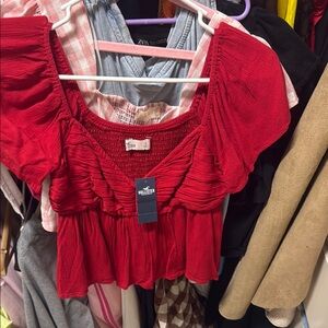 Hollister Red Smocked Cap Sleeve Blouse